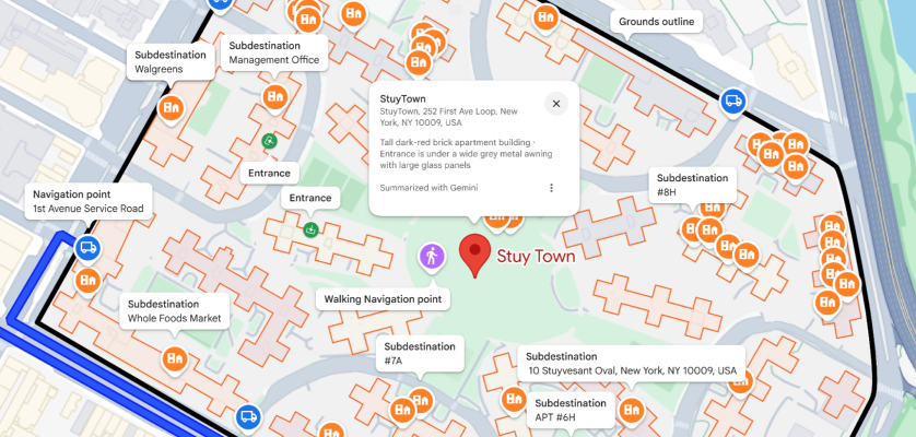 A city roadmap with a red place marker on a park